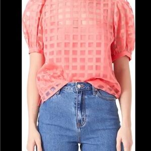English Factory Coral Grid Puff-Sleeve Blouse